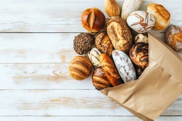 Assorted breads spilling from a brown paper bag on a white wooden surface viewed from above