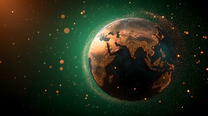 A dark teal background features a stylized Earth, its continents outlined in warm amber lights, surrounded by a halo of similar lights that extend into the space around it.