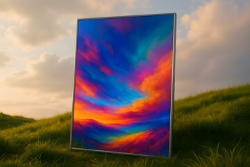 Stunning Dimensional Mirror Reflection in Nature with Vibrant Colors of Sunrise and Sunset Blending Harmoniously Over Rolling Green Hills