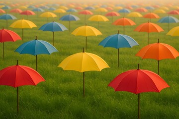 Obraz premium Colorful Umbrellas in a Serene Garden Setting with Lush Green Grass on a Bright Sunny Day