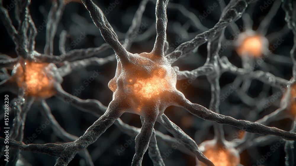 Poster the image shows a detailed close-up of neurons, with their branching axons and dendrites, interconne
