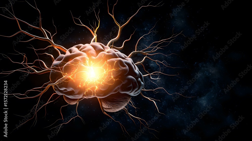 Poster the image shows a 3d rendering of a human brain with glowing energy emanating from its core, surroun
