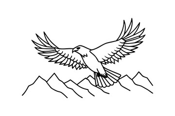 Eagle flying over mountains line art vector illustration isolated on a white background