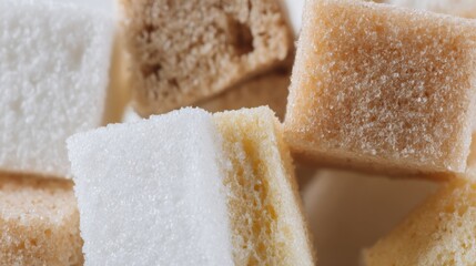 Close-up of sugar cubes stacked in a pile against beige background, symbolizing excessive sugar consumption and its health risks. Conceptual visual metaphor for unhealthy diet habits, food addiction, 