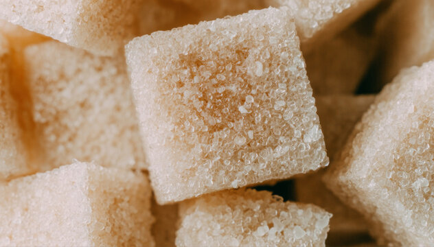 Close-up of sugar cubes stacked in a pile against beige background, symbolizing excessive sugar consumption and its health risks. Conceptual visual metaphor for unhealthy diet habits, food addiction, 