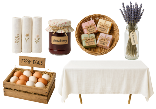 Vintage Flea Market Display – Handmade Soaps, Fresh Eggs, and Natural Decor