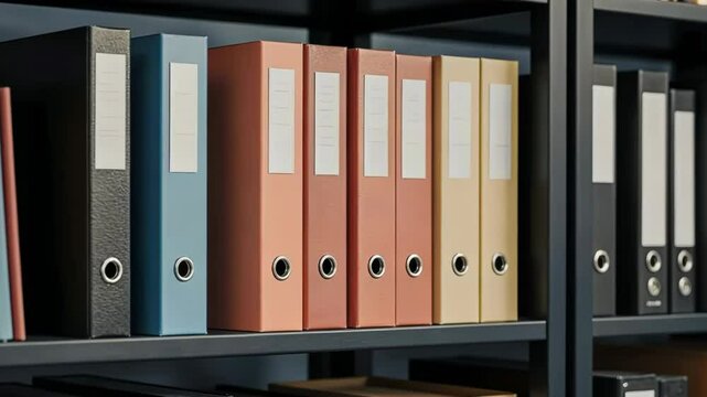 Colorful ring binders arranged neatly on shelves in an office setting