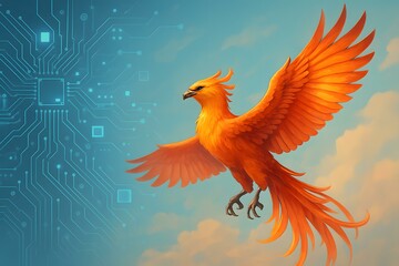 Fototapeta premium Majestic Phoenix Rising Through a Digital Sky with Circuit Patterns and Soft Clouds Enhancing the Technological Aesthetic and Vibrant Colors