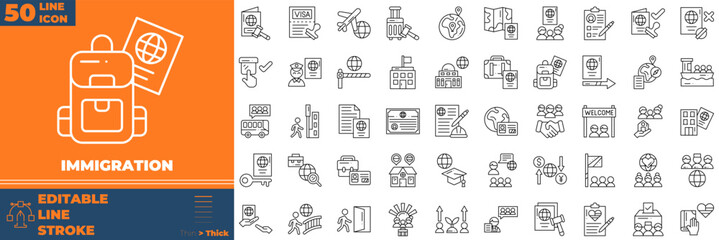 Immigration Line Editable Icons set. Vector illustration in modern thin line style of immigration icons: visa, passport, border, migrant, etc