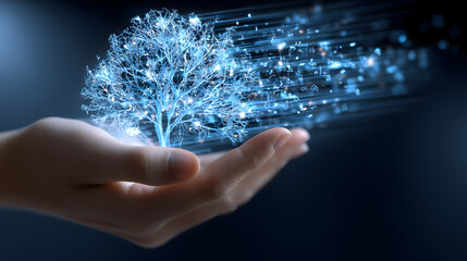 Glowing AI data tree hologram rising from a human hand, surrounded by digital icons on dark background&mdash;ideal for SaaS, cloud, and fintech content visualization.
