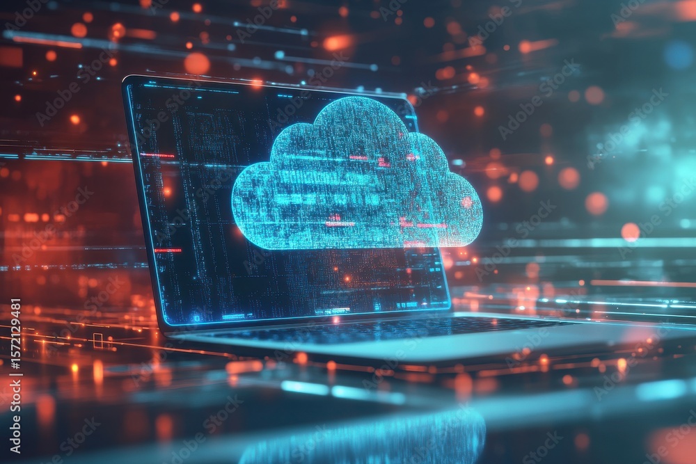 Poster a glowing cloud symbol on a laptop screen with abstract digital network background elements around i