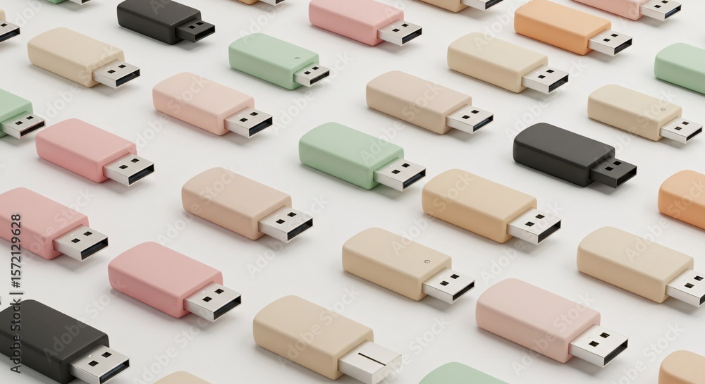 Fototapete array of pastel usb drives in a pattern showcasing technology and data storage