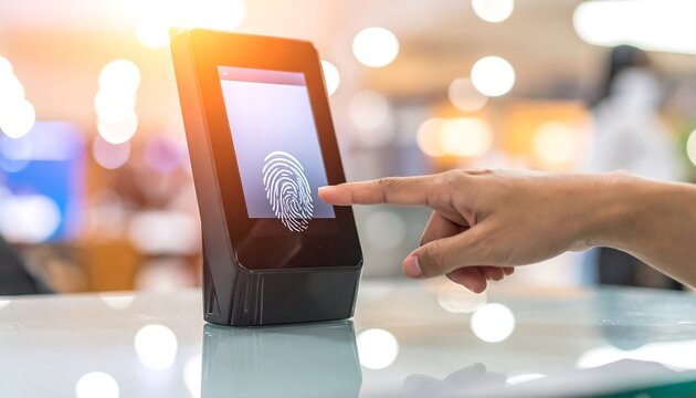 Fingertip on a touch screen biometric scanner - Powered by Adobe
