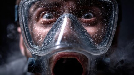 Constant fear concept. A person with a diving mask looks shocked and surprised underwater.
