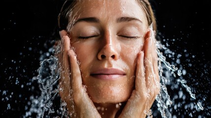 Fototapeta premium Anti fatigue concept. Woman enjoying a refreshing facial wash with flowing water.