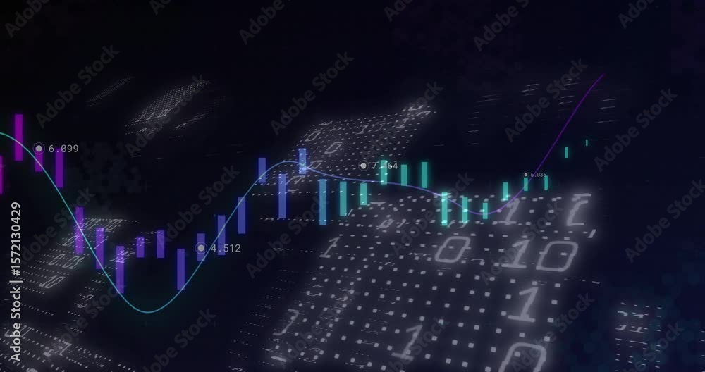 Poster opening purple-teal candlestick chart oscillating wave tracing and binary pulsing showing trend