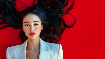 A young woman with long black hair poses elegantly against a vibrant red backdrop.