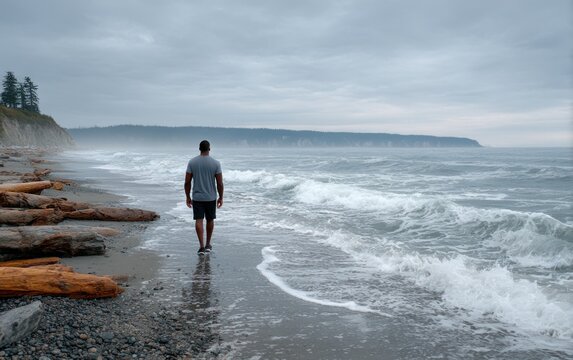 Man walking on beach at overcast sunset