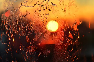 Golden sunset light shining through a window covered with raindrops creating a warm atmosphere