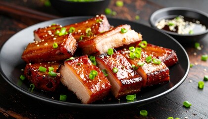 Braised Pork Belly in Sauce on Black Plate