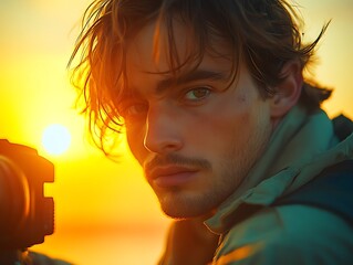 Close-up of the male photographer's face, with the golden light of the sun in the background.
