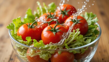 Juicy Tomatoes in Glass Bowl with Fresh Lettuce