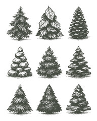 Black and white vector set of 9 unique Christmas trees made from pine, leaves, stones, and logs. Rustic, natural, and hand-drawn silhouette style.