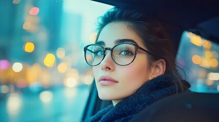 Young woman with glasses gazes thoughtfully out of a car window in a cityscape.