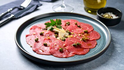 Thinly Sliced Meat on Black Plate with Vegetable Garnish