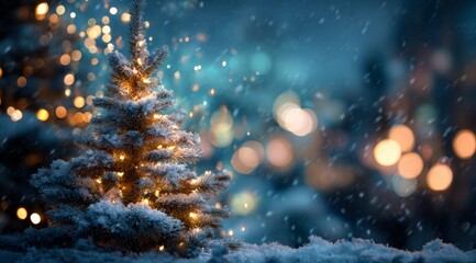 Snow-Covered Christmas Tree with Warm Lights in Winter Snowfall