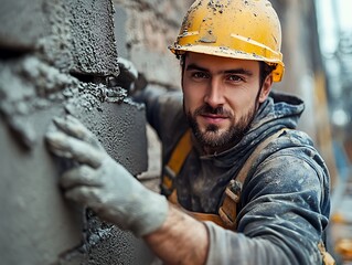 A handsome bricklayer smoothing cement on a wall, tools in hand, sharp focus on his concentration