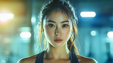 A young Asian woman with a determined expression in a gym setting.