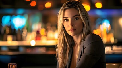 A young Caucasian woman with long blonde hair sitting at a chic bar, lost in thought.