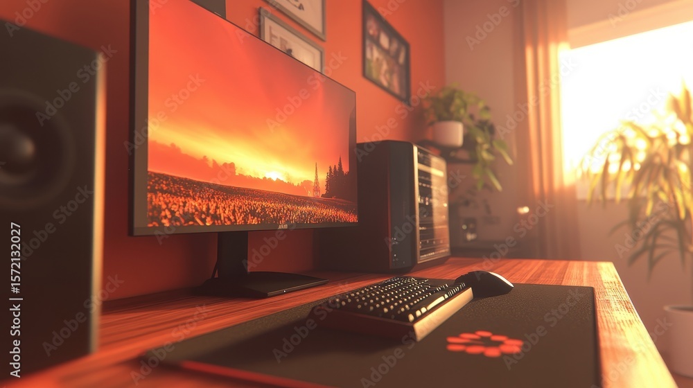 Poster warm sunset view computer setup in a room.