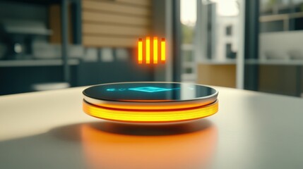Illuminated, glowing disc device rests on a surface.