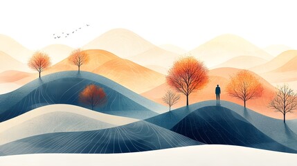Silhouette of a contemplative man amidst gentle, layered hills and autumn trees.