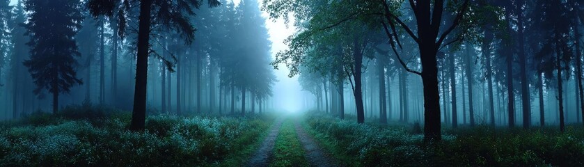 Obraz premium Constant fear concept. Mysterious forest path enveloped in thick fog and tall trees.