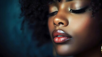 Close-up portrait of a serene Black woman with curly hair and radiant skin.