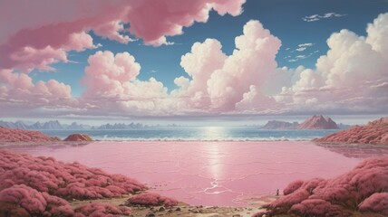 A serene ocean scene with pink sand and clear blue sky and soft white clouds