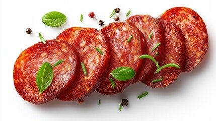 Sliced cured sausage with herbs and spices.