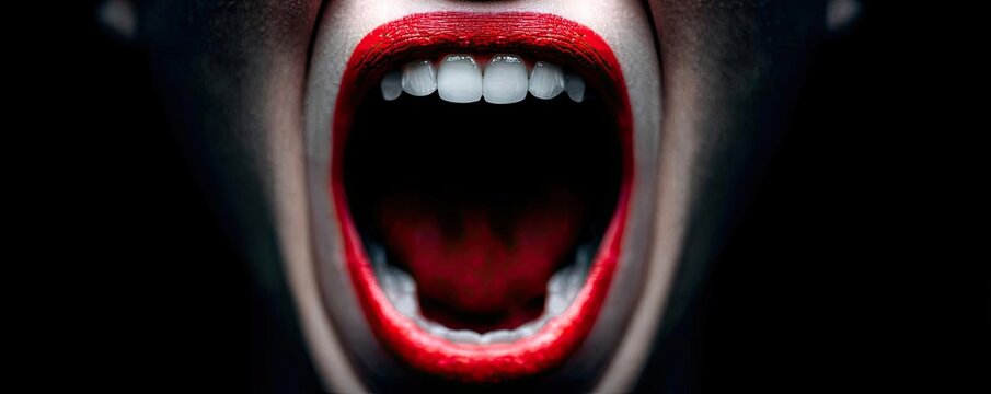 Constant fear concept. Close-up of an open mouth expressing intense emotion and fear.