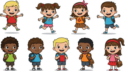 Happy cartoon school children standing, jumping with backpacks, diverse boys and girls, cute student characters, back to school vector