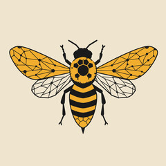 Bee illustration with geometric wing details black  yellow stripes