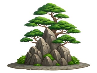 Stylized bonsai tree growing on jagged rocks with lush greenery