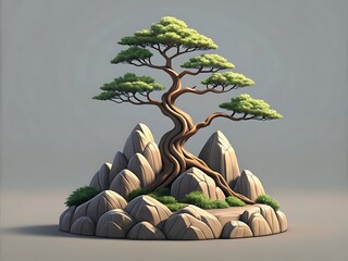 Stylized bonsai tree growing on a rocky outcropping with lush greenery