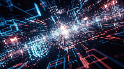 Obraz premium Futuristic digital network with glowing neon lines and geometric shapes, representing technology, data transfer, and innovation in a dark abstract setting