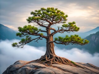 Ancient gnarled pine tree with exposed roots on a rocky mountain peak