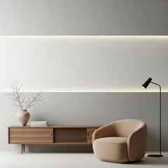 Modern minimalist living room with beige armchair, wooden sideboard, floor lamp, and decorative vase in soft ambient lighting