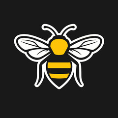 Vector image of a yellow  black bee outlined in white on a black background The bee faces the viewer