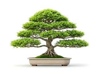A beautifully sculpted green bonsai tree in a ceramic pot on white background